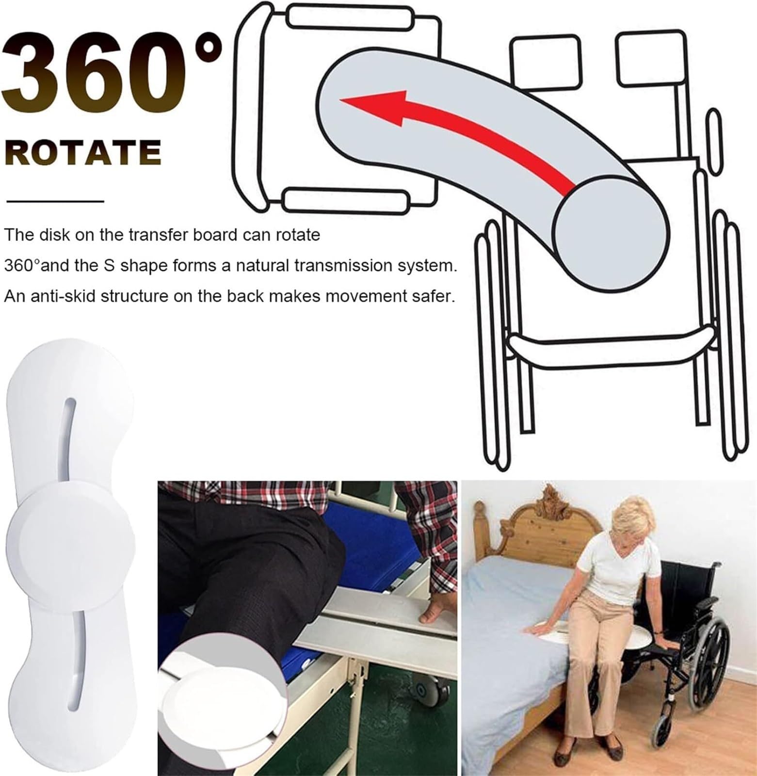 Tabla de Transferencia para Silla de Ruedas, 102 cm Giratoria | Polímero resistente, disco giratorio 360°, transferencia sin fricción, cama/baño/coche, ancianos, 400 lbs(Grigio)