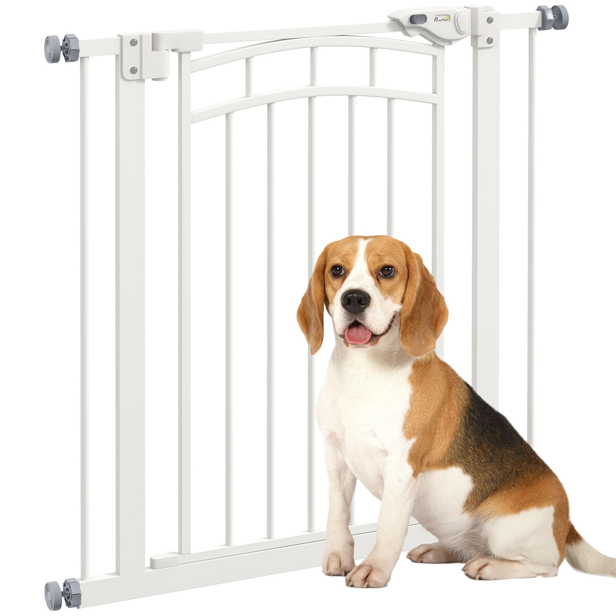 PawHut - Barrera de Seguridad para Perro Extensible (74-80 cm, Doble Cerradura, Cierre automático, Barrera de Escalera de fijación por presión sin Taladro, Altura 76 cm, Color Blanco | Doble bloqueo, cierre automático, barrera de escalera de fijación por