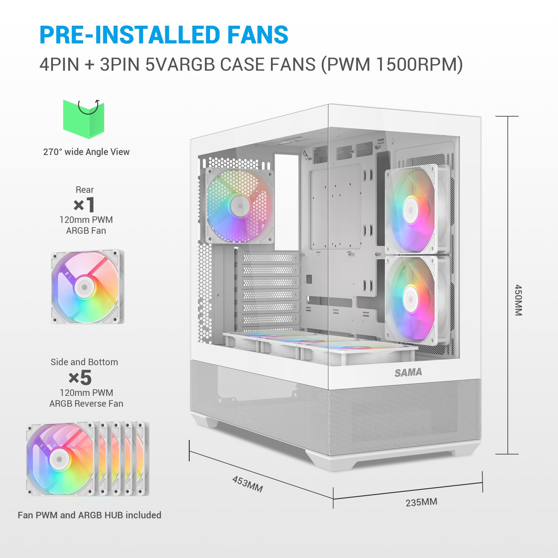 SAMA V40 Mid Tower PC Case, 6 wstępnie zainstalowanych wentylatorów ARGB PWM 120 mm, podwójne panele ze szkła hartowanego, pionowy przepływ powietrza, port USB typu C, elegancka biała obudowa do gier
