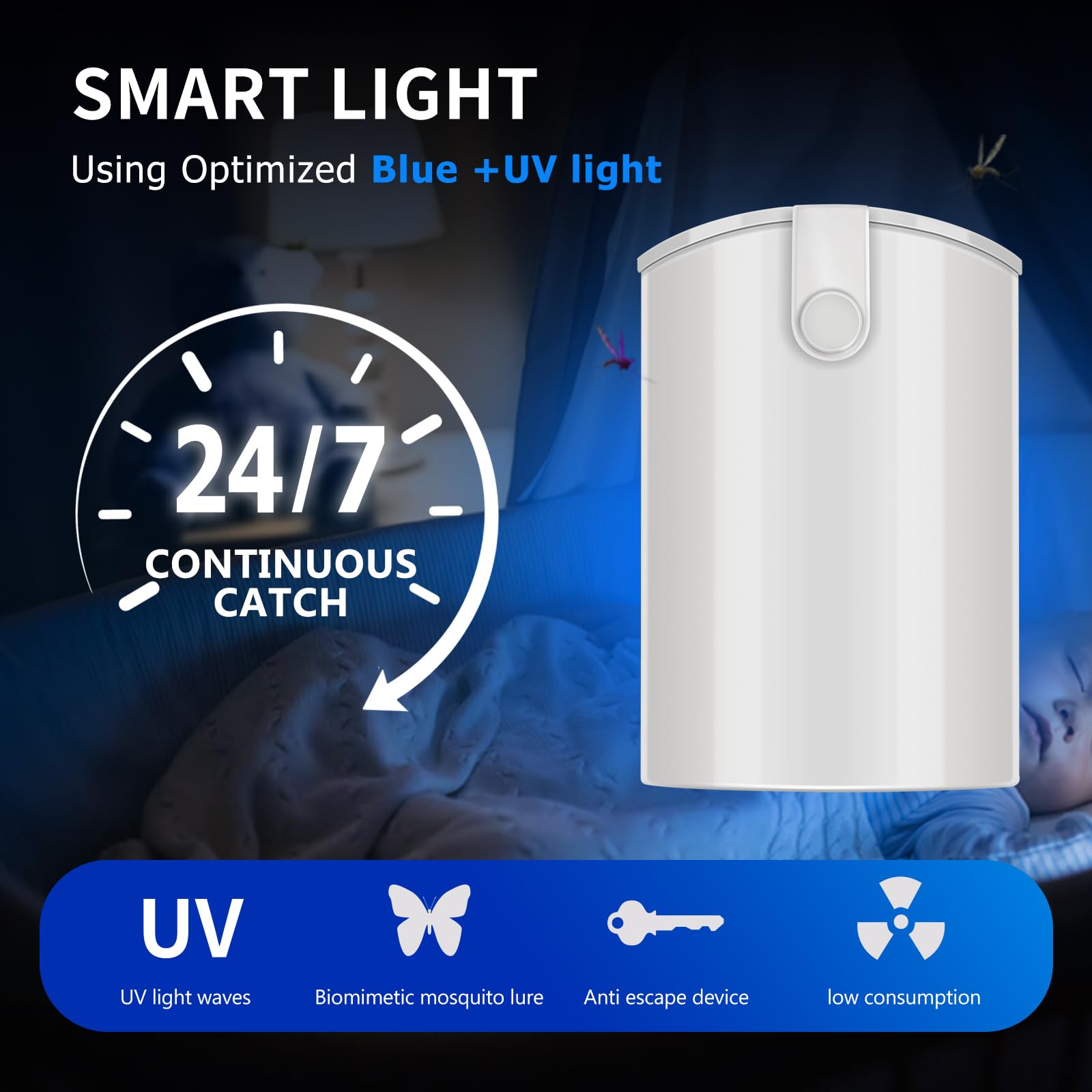 Trappole per insetti volanti, 2 dispositivi e 8 ricariche, trappola per moscerini e moscerini, trappola per moscerini e mosche, con luce UV notturna, per casa, ufficio