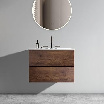 30" Floating Bathroom Vanity with 3-Hole Sink with Overflow Walnut | Pre-assembled, Modern Wall-Mounted Vanity with Ceramic Top, 2 Soft-Close Drawers, Spacious Storage for Small Space