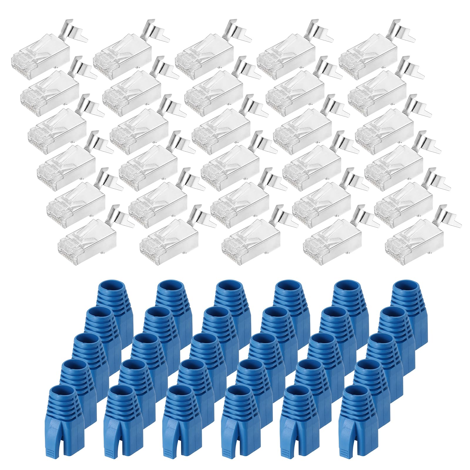 MECCANIXITY 30 connettori CAT8 RJ45, RJ45, STP/FTP 8P8C, placcati in oro, con 30 connettori blu e passacavi per cavo Ethernet 23AWG