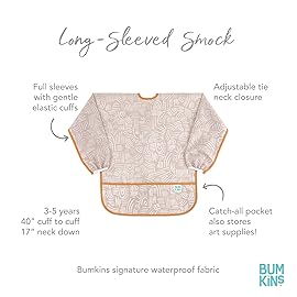Bumkins Sleeved Smock, Toddler Reusable Waterproof Bib for Girls and Boys Ages 3-5 Years, Long Sleeve Childrens, Kids Paint Apron, Arts, Crafts and Play with Pocket, Soft Fabric, Boho Beige