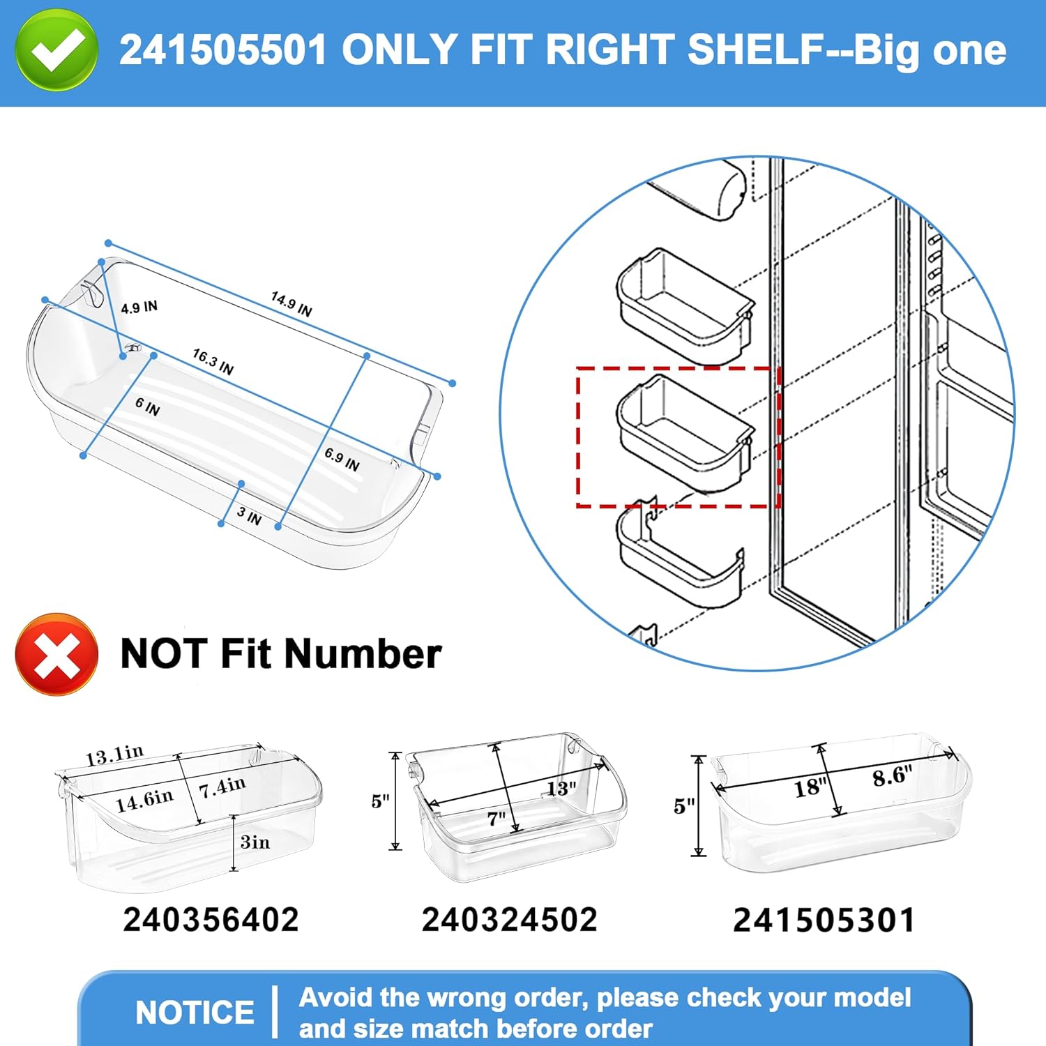 241505501 Refrigerator Door Shelf Bin Replacement Compatible with frigid-aire by Fetechmate Replace FFSC2323TSA FGHC2331PFAA FGSC2335TFB FGSC2335TF0 LFSC2324VF6 FFSC2323TS8 LGHC2342LE