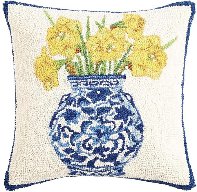 Peking Handicraft Daffodils in Chinoiserie Vase 16" Square Hooked Wool Throw Pillow, Artwork by Sally Eckman Roberts