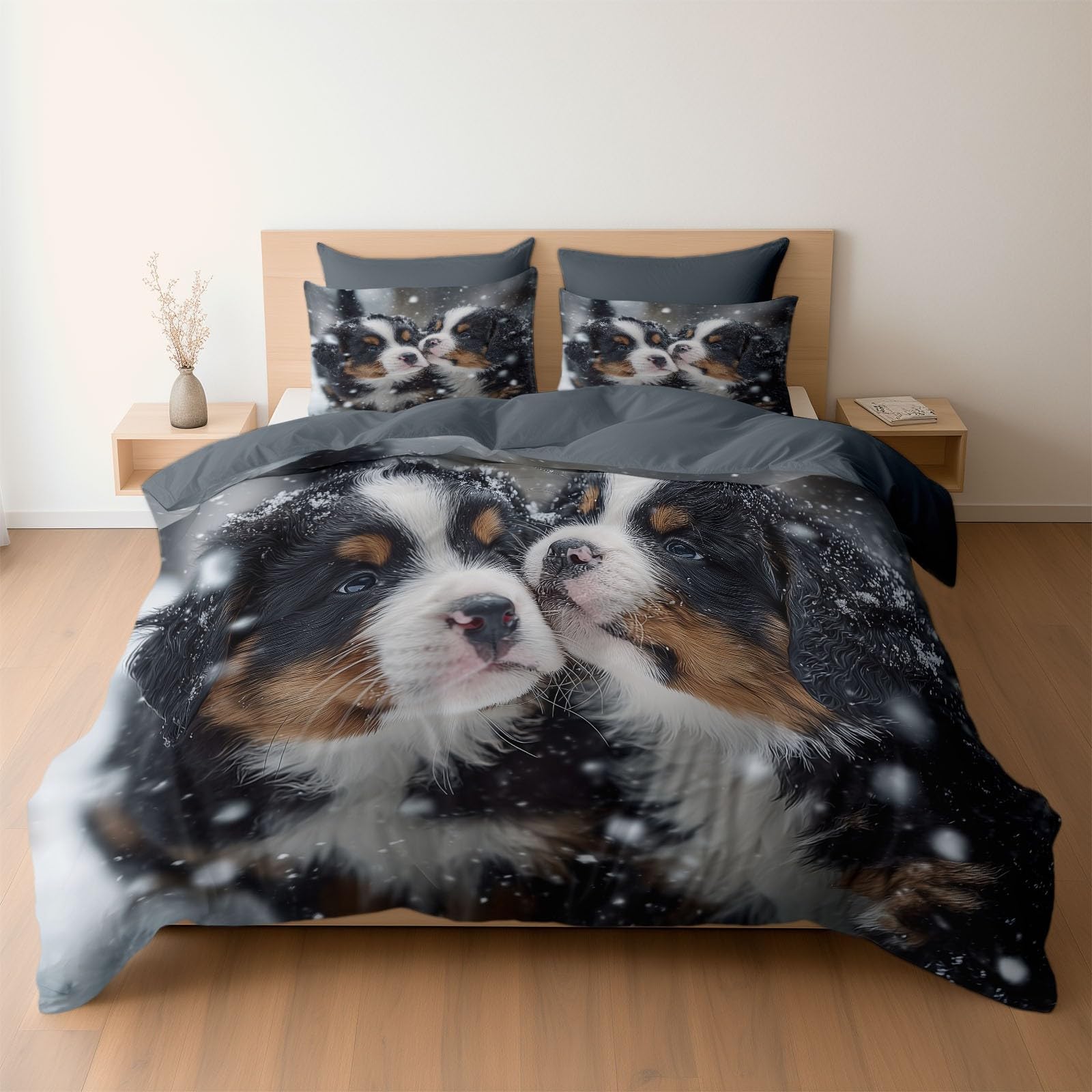 Parure de lit 90x190 cm housse de couette gris microfibre animaux mignons chien lit 1 personne
