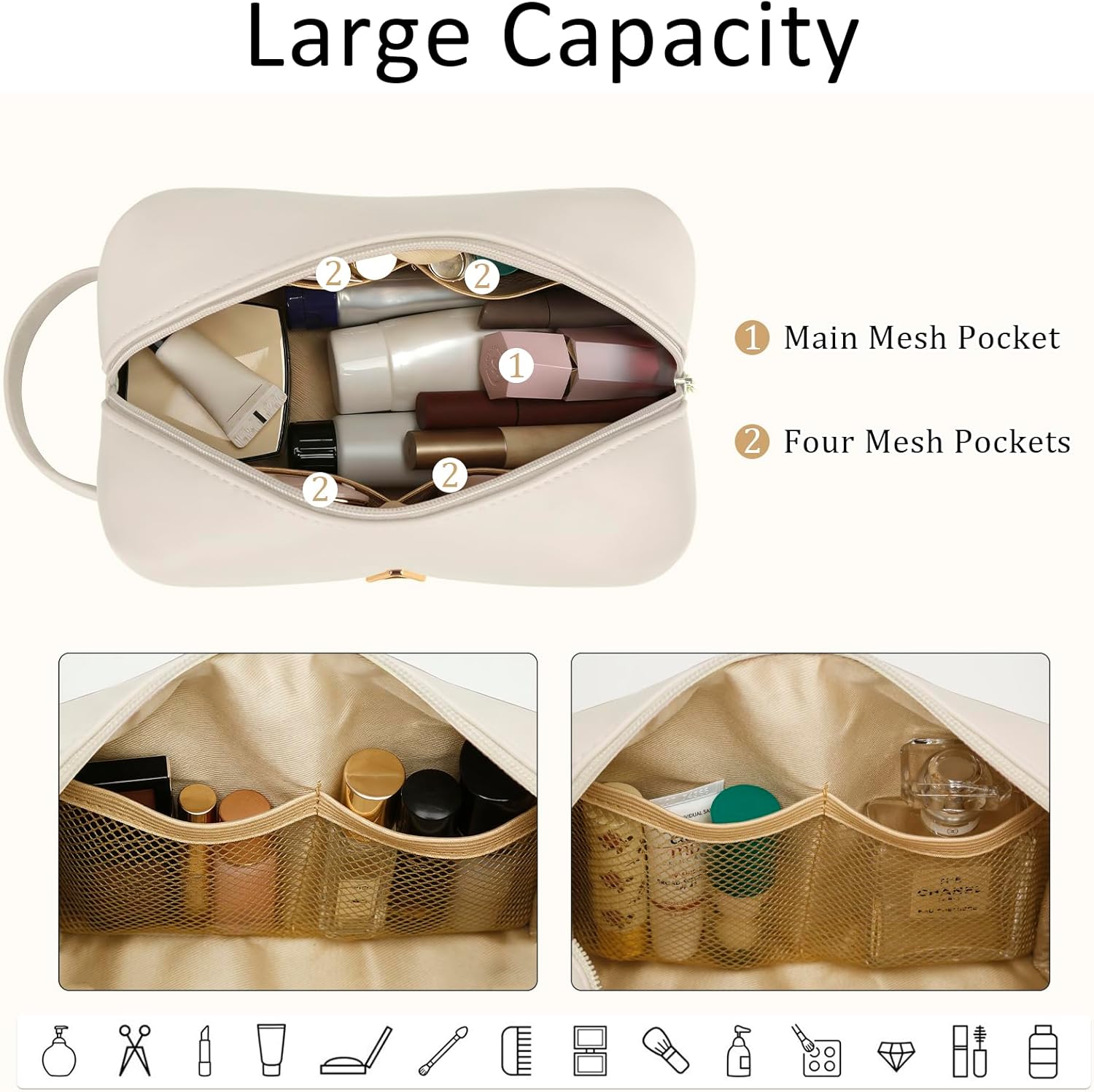 Initial Makeup Bag for Women - Personalized Double Layer Cosmetic Bags with Makeup Brush Organizer, Hanging Travel Toiletry Bag with Large Capacity, Gifts for Mom Girlfriend Wife（Beige,B）