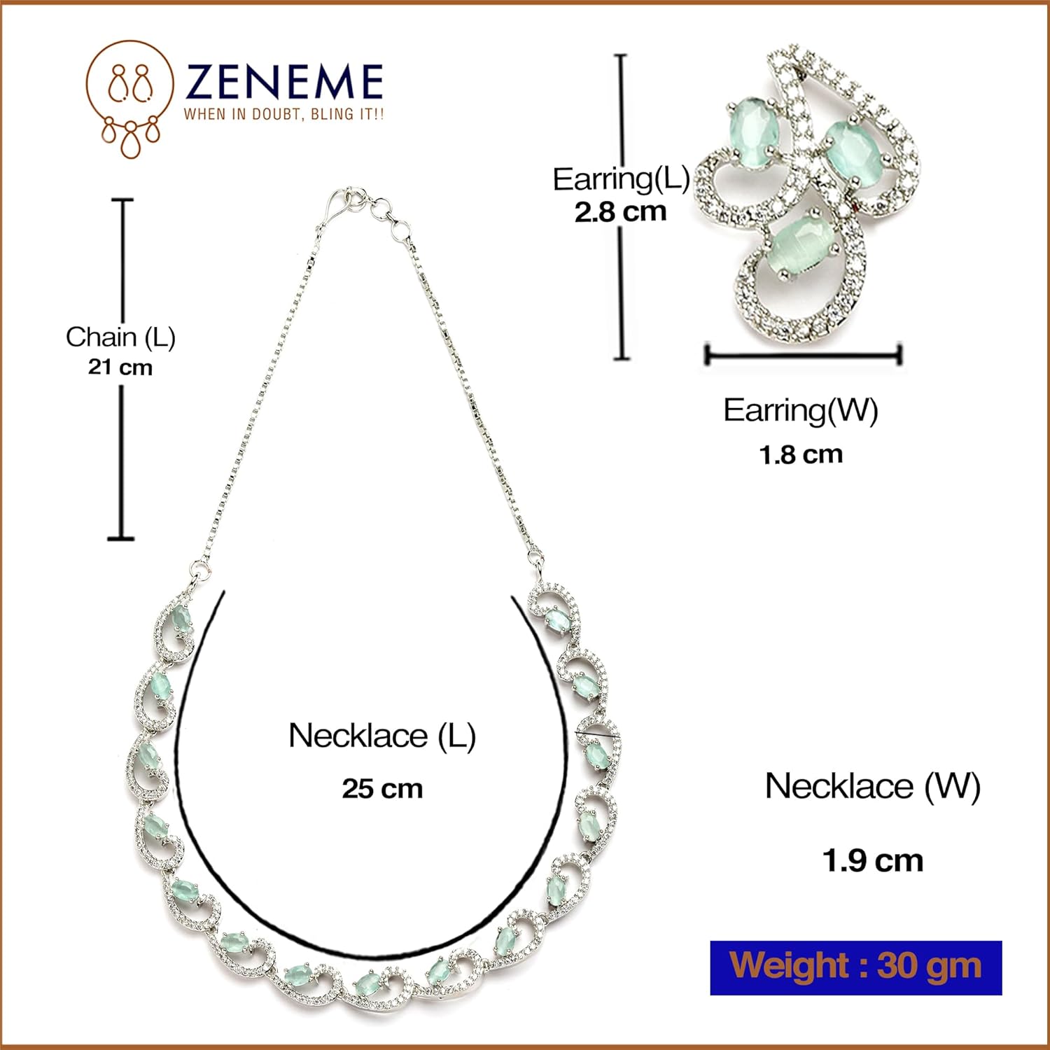 ZENEME Rhodium-Plated with Silver-Toned White Cubic Zirconia & American Diamond studded Necklace and Drop Earrings Jewellery Set for women - Image 5