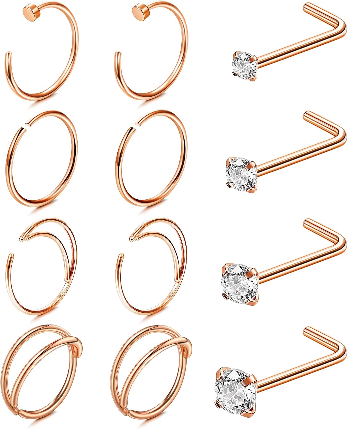Kakonia Nose Rings for Women Men 20G 316L Stainless Steel Nose Hoop L Shaped Nose Studs Silver Gold Rose Gold Black Rainbow Nose Piercing Jewelry