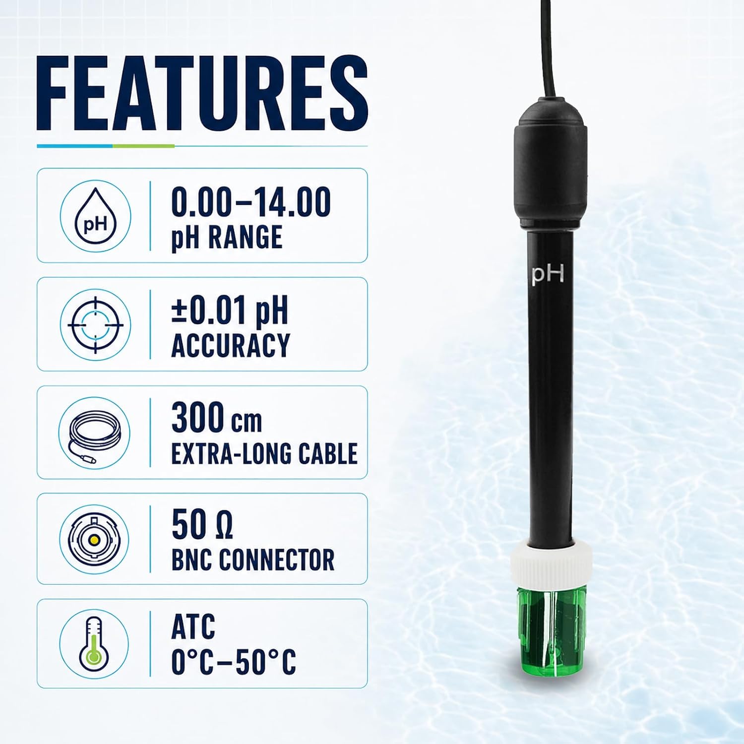 0-14 pH Electrode Probe, pH Meter with Replacement BNC Connector and 300cm Cable Sensor for ph Monitor Controller Tester Meter Kit Set for Aquarium Hydroponics Plant Pool Spa image 3