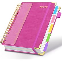 HDhuiun Hardcover Spiral Notebooks for Work 6.2"x 8.2", 300 Pages 5 Subject Notebook with Dividers & Tabs, A5 Spiral Journal for Women, College Ruled Notebook for School Note-Taking Rose Purple