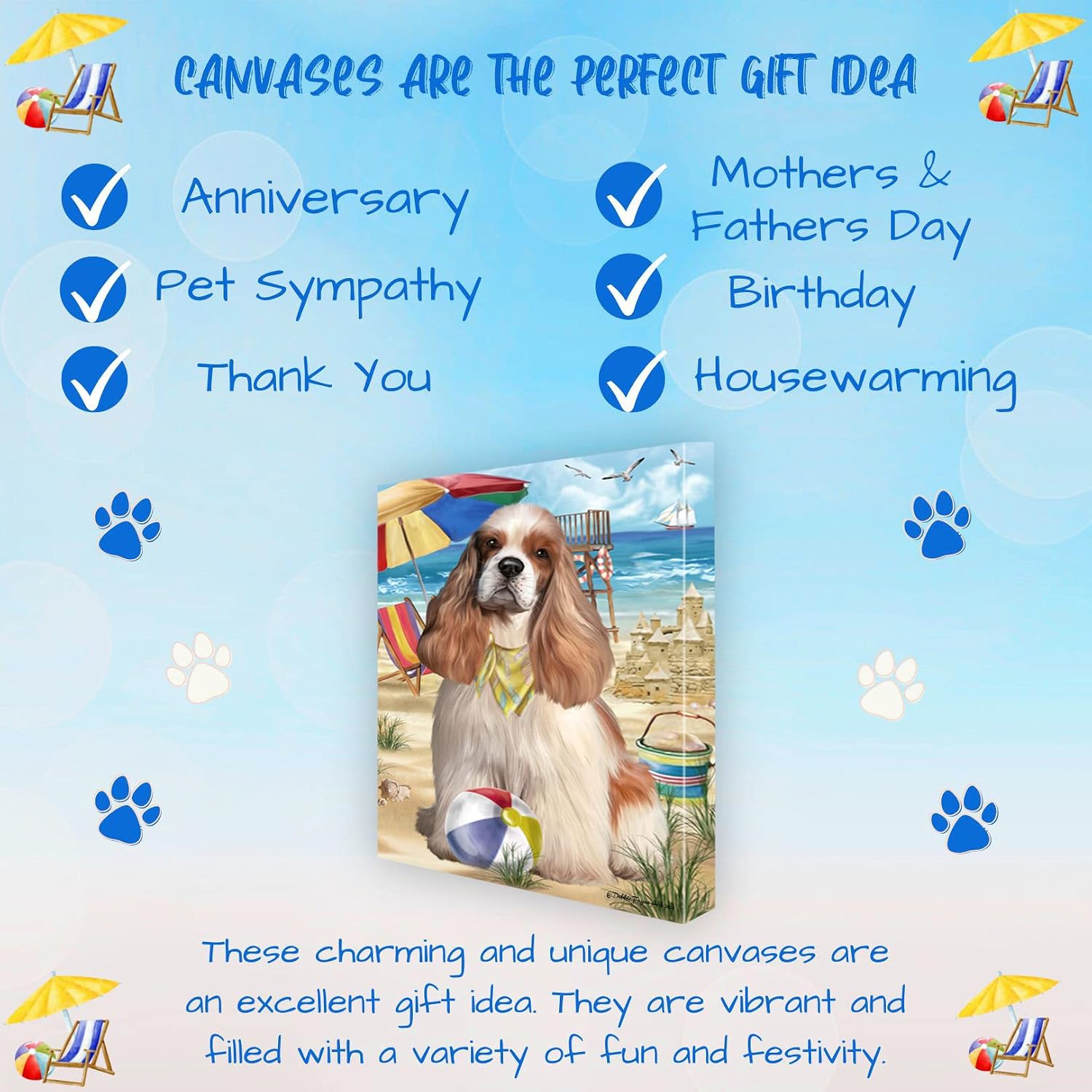 Pet Beach with Cocker Spaniel Dogs Canvas Wall Art - Premium Quality Ready to Hang Room Decor - Black Floating Framed 16" x 16"