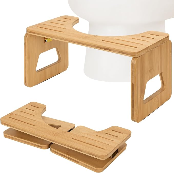 Toilet Stool Squat Adult and Kids - 8 Inches Foldable Flip Potty Poop Stool for Bathroom Bamboo with Anti-Slip Layer - Improve Bathroom Posture and Comfort (Natural Color)