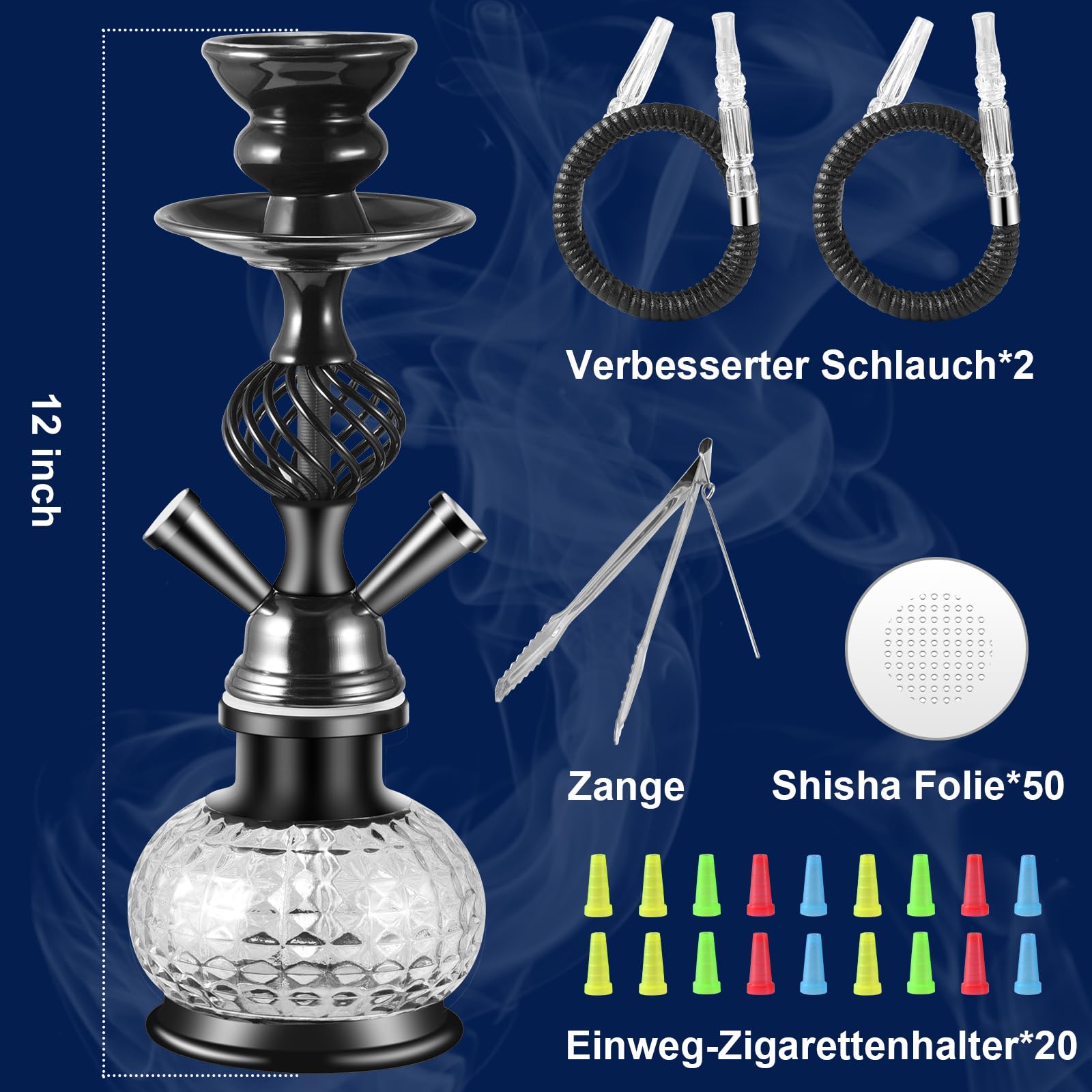 Shisha Wasserpfeife Set, 12 Zoll, Schwarz, mit 2 Schläuchen, Kristallglas-Vase, 50 Folien, 20 Mundstücken und Zange