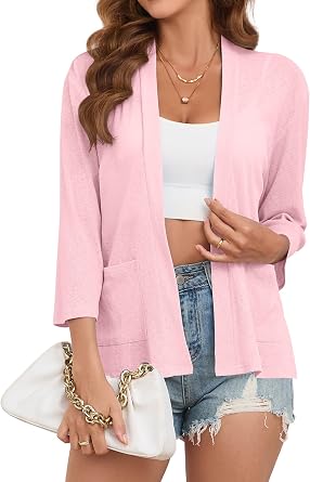 Poplab Womens Summer Loose Fit Lightweight Cardigan 3/4 Sleeve Open Front Sheer Cover Ups Hight Low Hem with Pockets