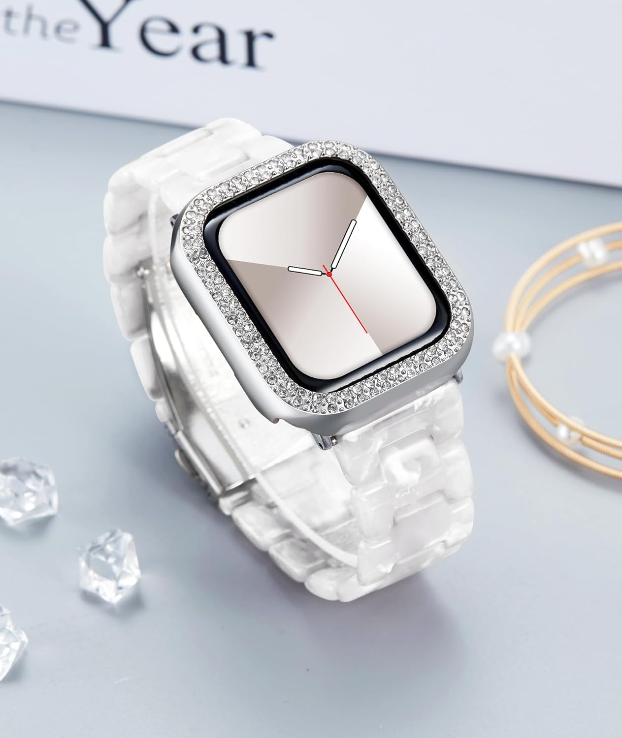 Resin Watch Band with case Compatible with Apple Watch Band 40mm 41mm 44mm 45mm Women Men Watch Strap with Glitter Bling Protective Cover Wristband for iwatch Series 8 7 se se2 6 5 4, Pearl