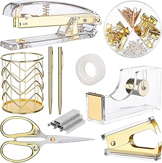 Goldenes Bürobedarfsset Schreibtischzubehör-Organizerset für den Schulanfang Acrylhefterset Heftklammerentferner mit Stifthalter Hefterbandhalter transparenter Kleber Heftklammern