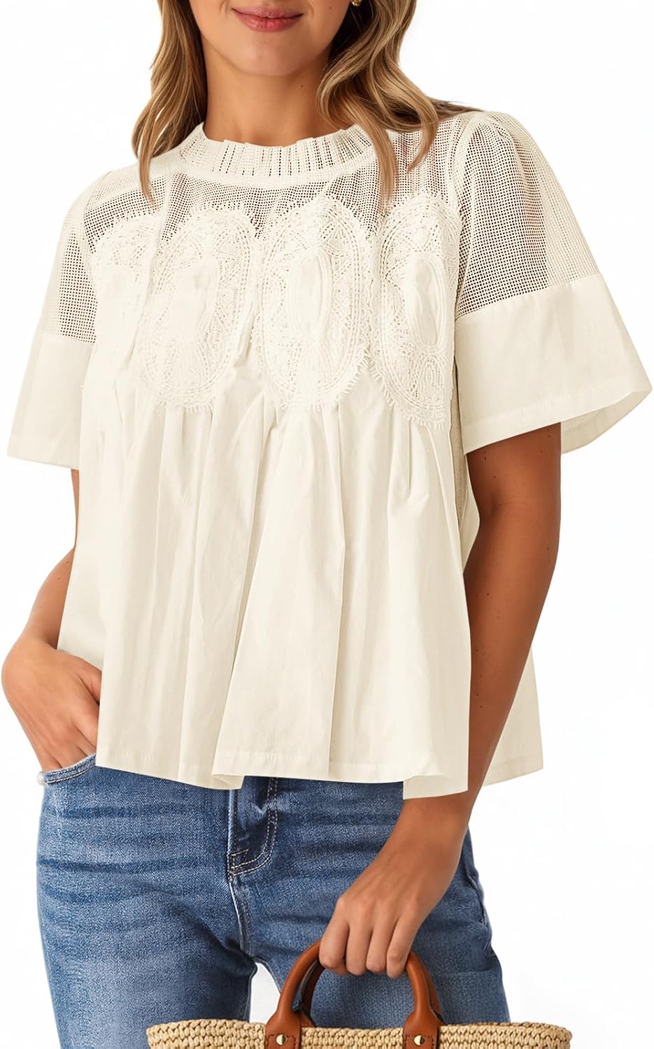 Cicy Bell Womens Babydoll Lace Blouses Short Sleeve Ruffle Crew Neck Peplum Tops Dressy Casual Loose Fit Shirts