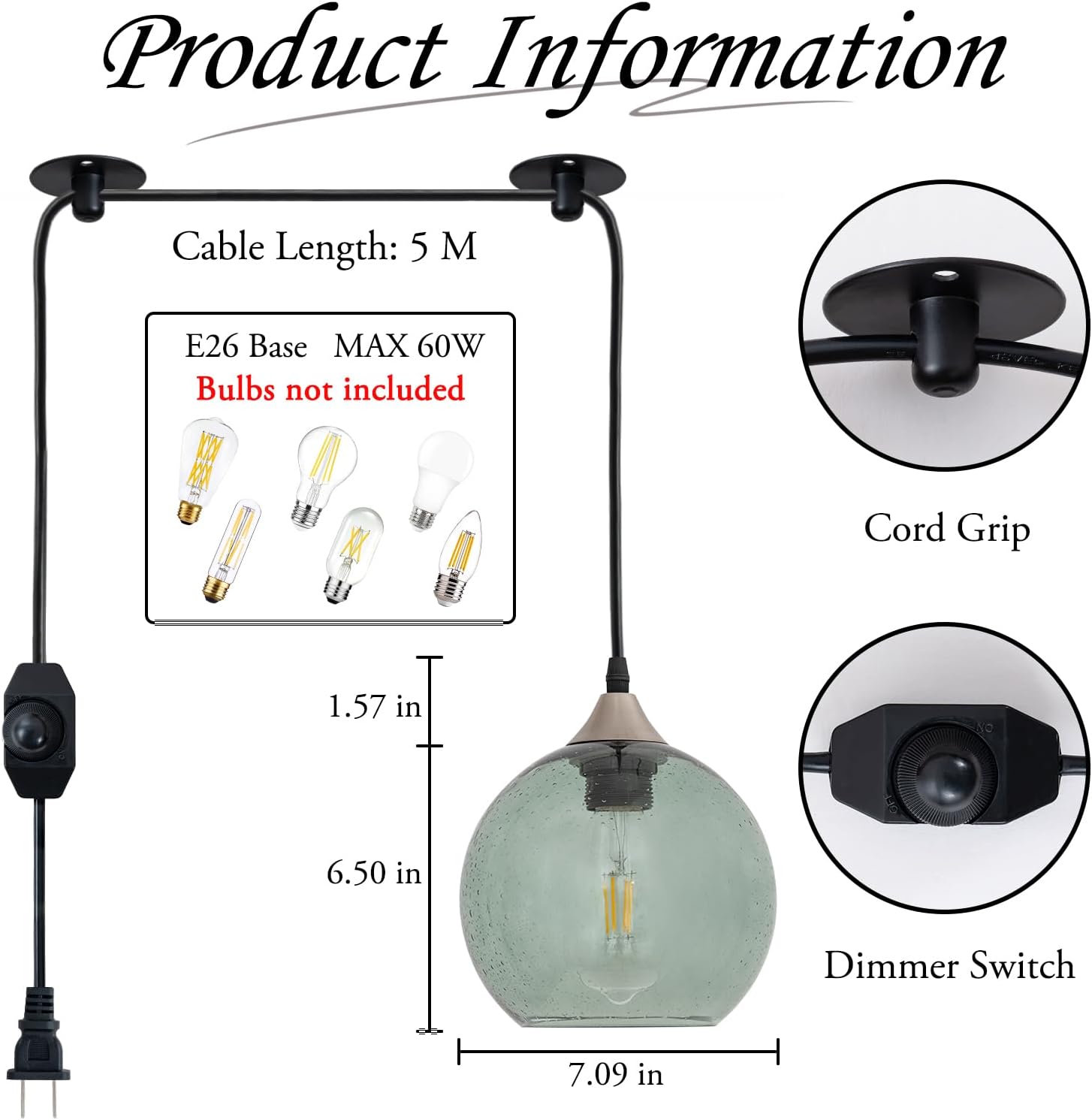 Green Raindrop Glass Pendant Light Plug in Dimmable Fixture Teardrop Textured Shade 16.4 Ft Swag Light Cord E26 Socket for Sunroom Porch Botanical Bohemian Style （Bulb not Included）