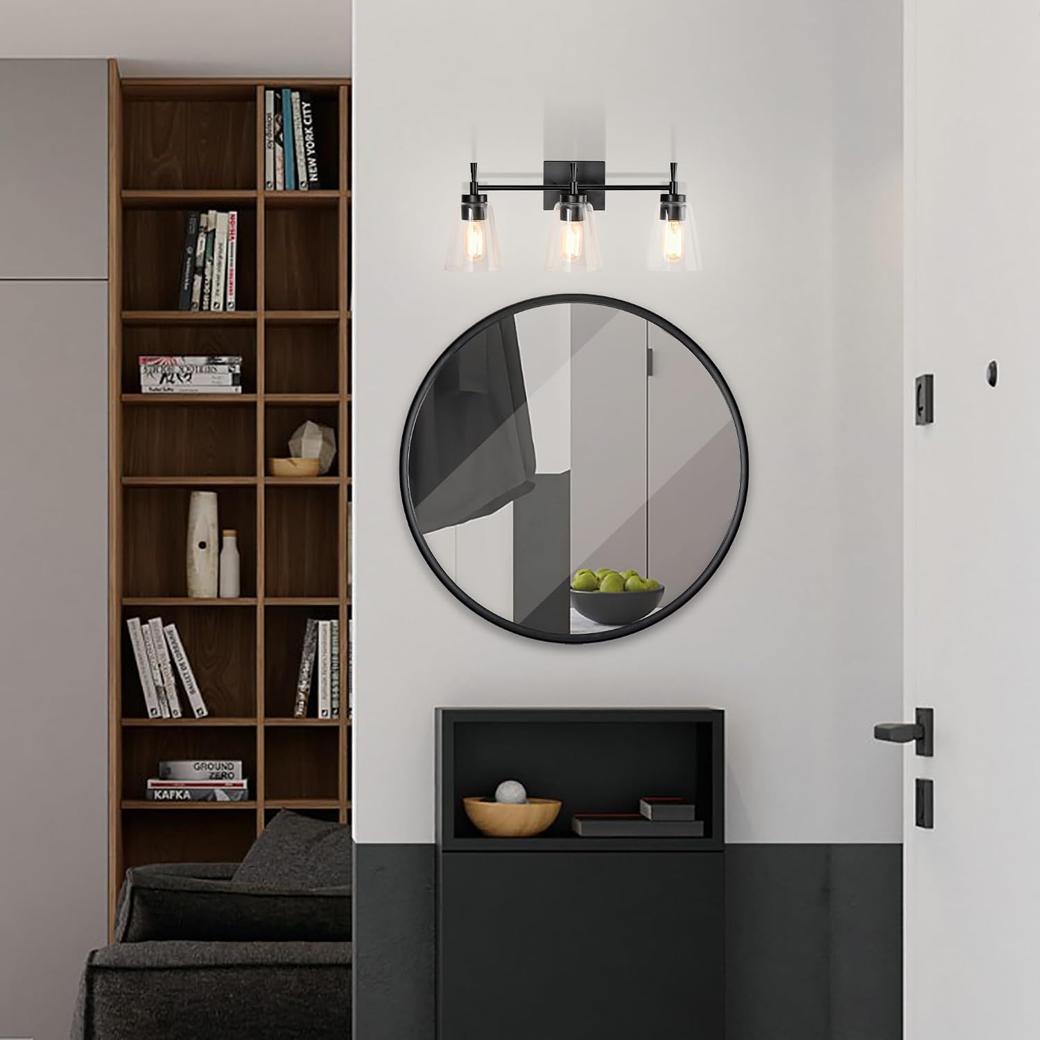 Edvivi 3-Light Bathroom Light Fixtures, Classic Matte Black Vanity Light Over Mirror, Indoor Wall Sconce with Clear Cone Glass Shade, Wall Lamp for Bathroom Bedroom Kitchen Hallway