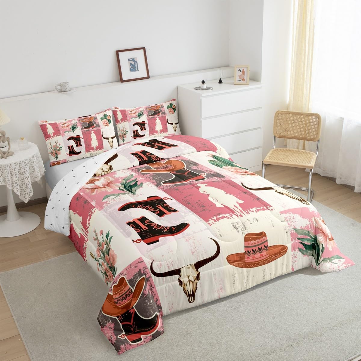 Feelyou Rustic Western Cowgirl Comforter Set Full Size Horseshoe Bull Horse Bedding Set for Kids Boys Adults Teens Vintage Farmhouse Pink Comforter Geometric Grid Quilt Set for Bedroom Decor