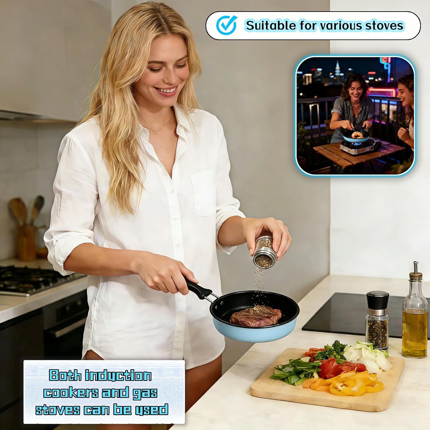 4.7 Inch Mini Frying Pan, Black Non-Stick Egg Pan with Hanging Hole, Flat Bottom Design for Gas, Induction, Electric Stove, Perfect for Single Serve Breakfast, Omelets & Camping, RV Use (Blue)