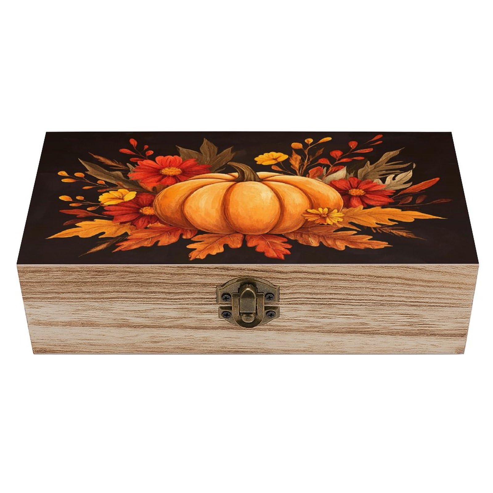 Ahdyr Orange Pumpkin Autumn Leaves Wooden Storage Box with Hinged Lid And Front Clasp Large Keepsake Box