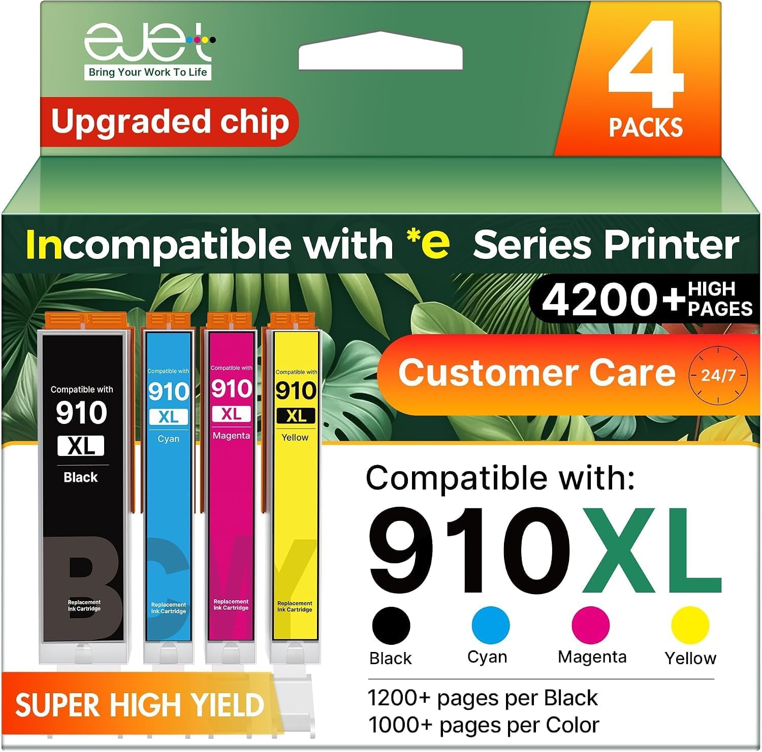 ejet Compatible Ink for HP 910XL Ink Cartridges Combo Pack, Black and Color