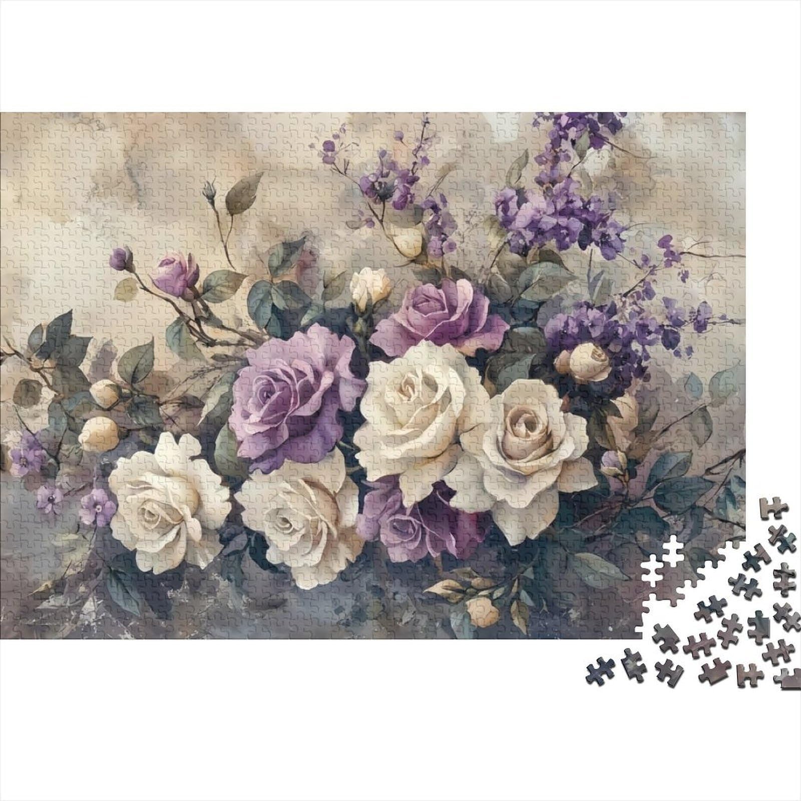 Purple White Roses Jigsaw Puzzles Puzzle for Adults Kids. 1000 Pieces Impossible Challenge Toy Educational Games Home Decoration for Adults& Kids Age 14 Years Up 38x26cm/1000pcs