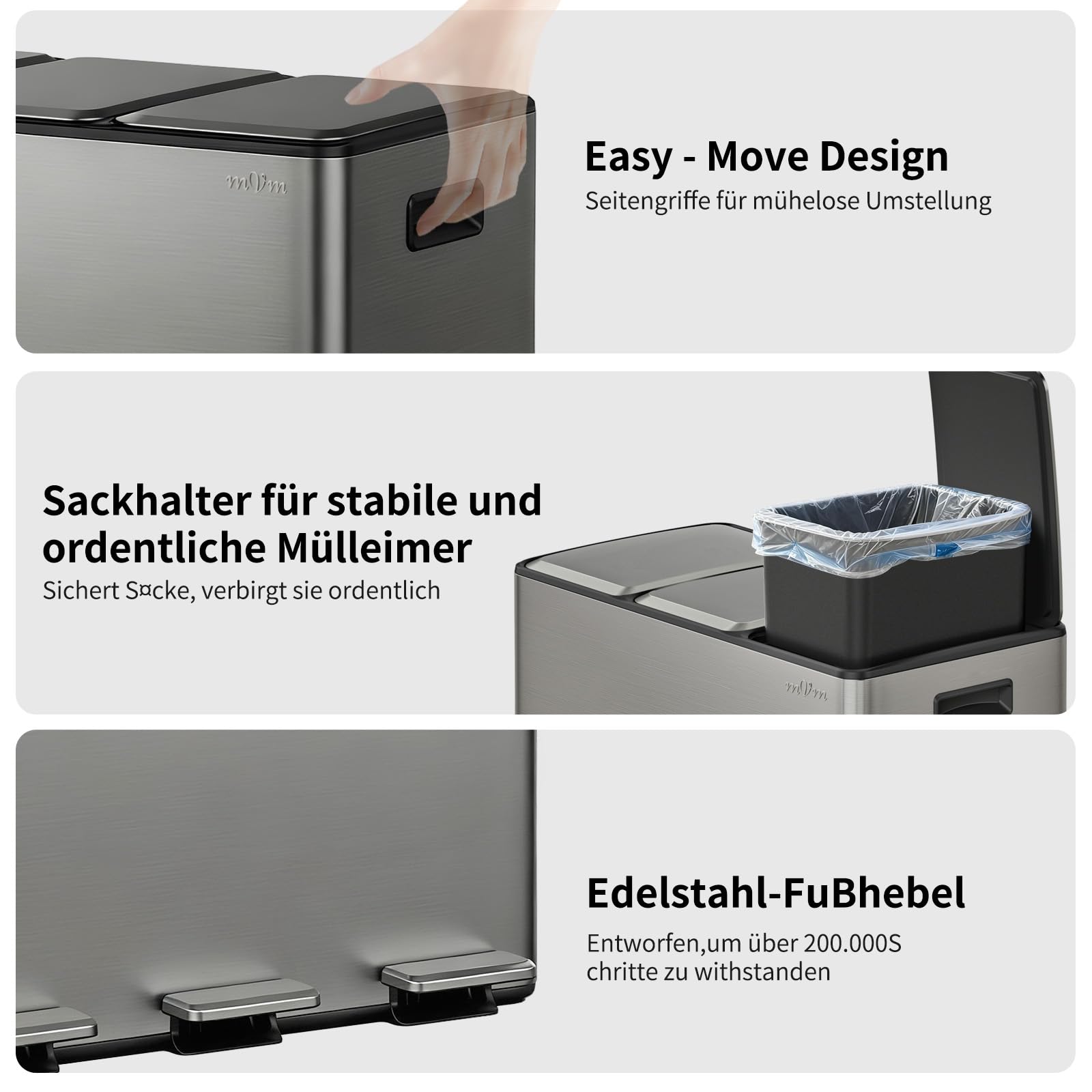 mVm Mülleimer Küche,45 Liter Treteimer,3 x 15 Liter Treteimer, 3 Fächer, Mülltrennsystem, Abfalleimer Küche mit Inneneimer aus Kunststoff,Metall,Klappdeckel, Softclose, Luftdicht