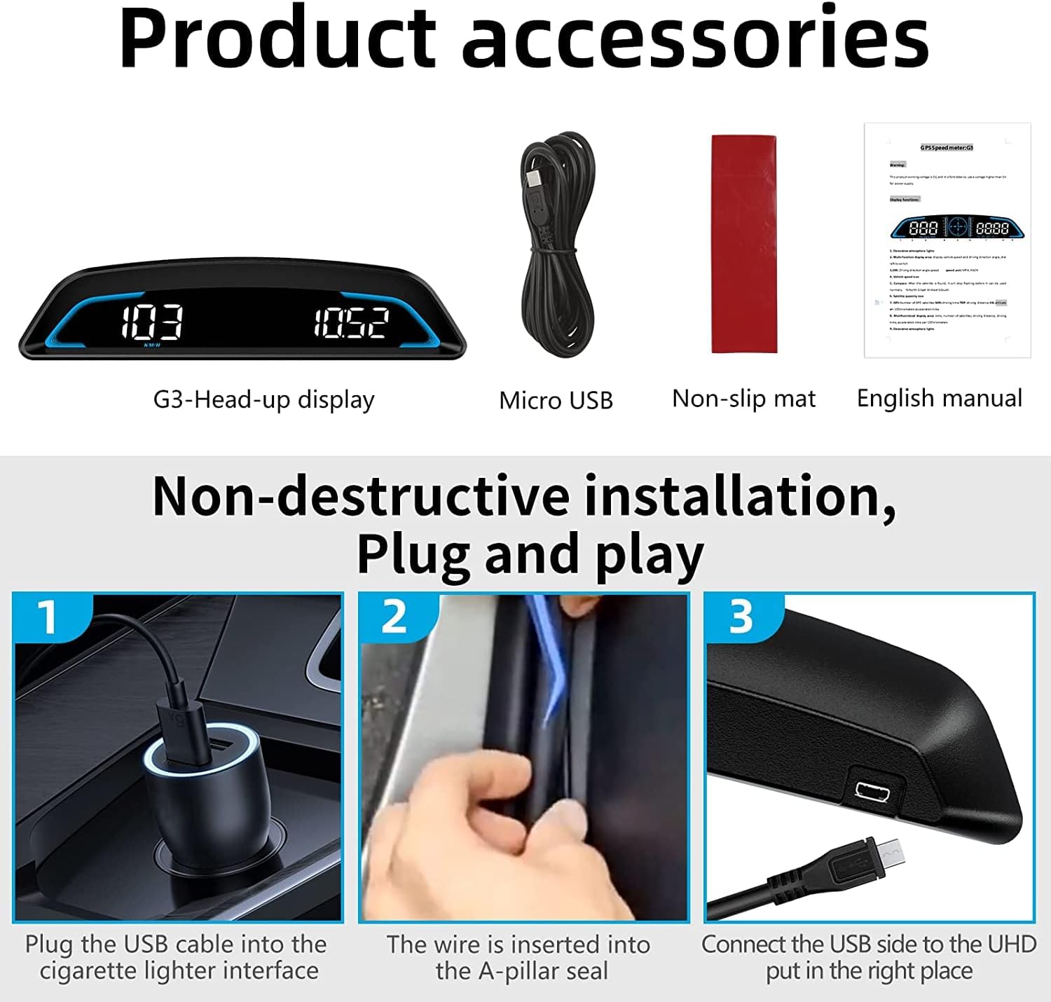 Car Head Up Display HUD GPS Speedometer Car Digital Clock, GPS Compass with Over Speed Alarm Fatigue Driving Reminder, Time Altitude Speed Meter Universal for All Vehicles
