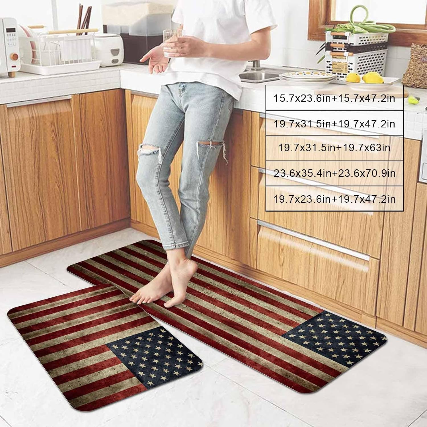 Prime Leader Vintage U.S. Flag Kitchen Mat Set 2 Pieces Red White Striped Star Independence Day Non Slip Kitchen Rugs Washable Runner Rug Mats for Sink Laundry (15.7" x 23.6"+15.7" x 47.2")