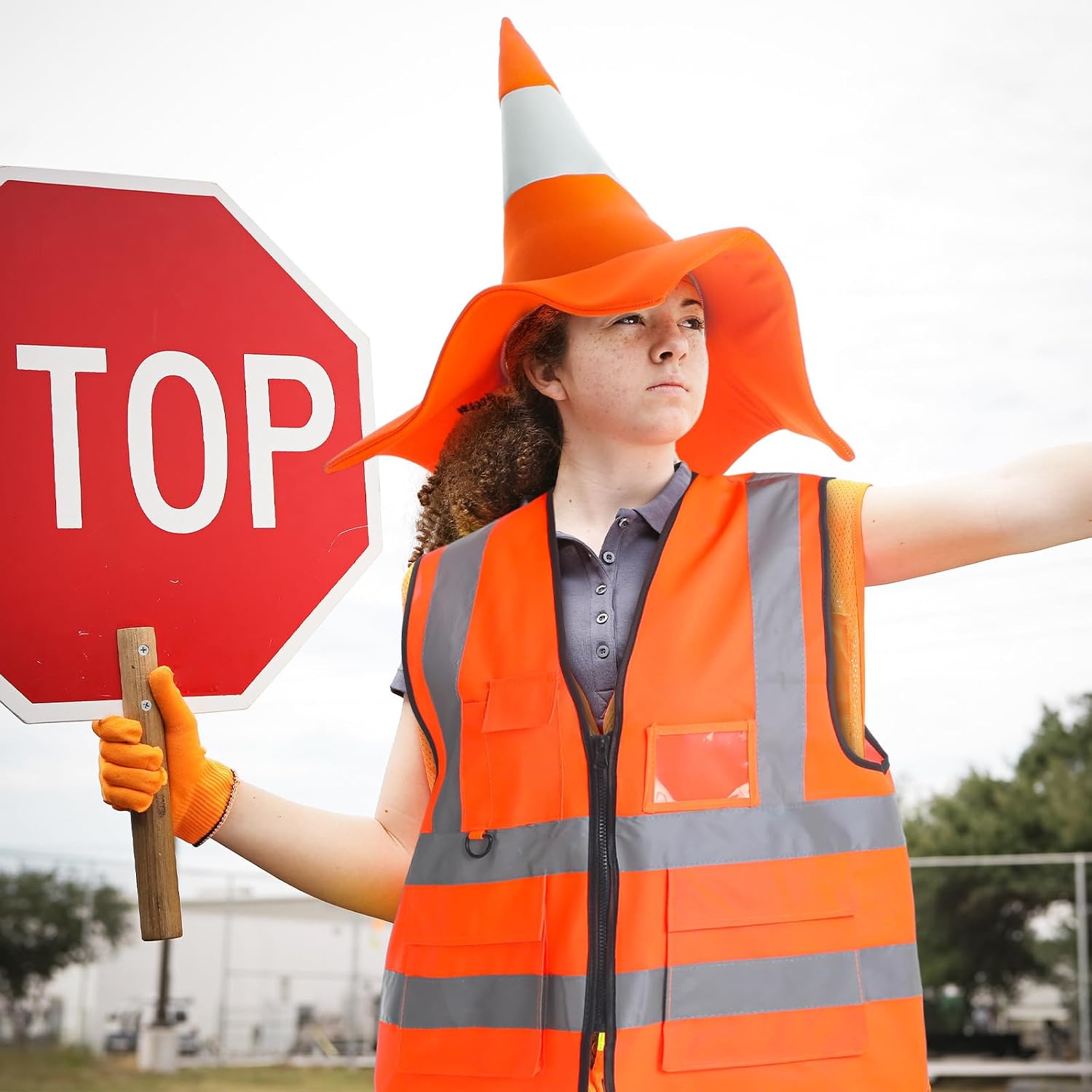 Haull 3 Pcs Halloween Traffic Cone Costume Construction Orange Costume Reflective Visibility Vest for Halloween Men Women Accessory