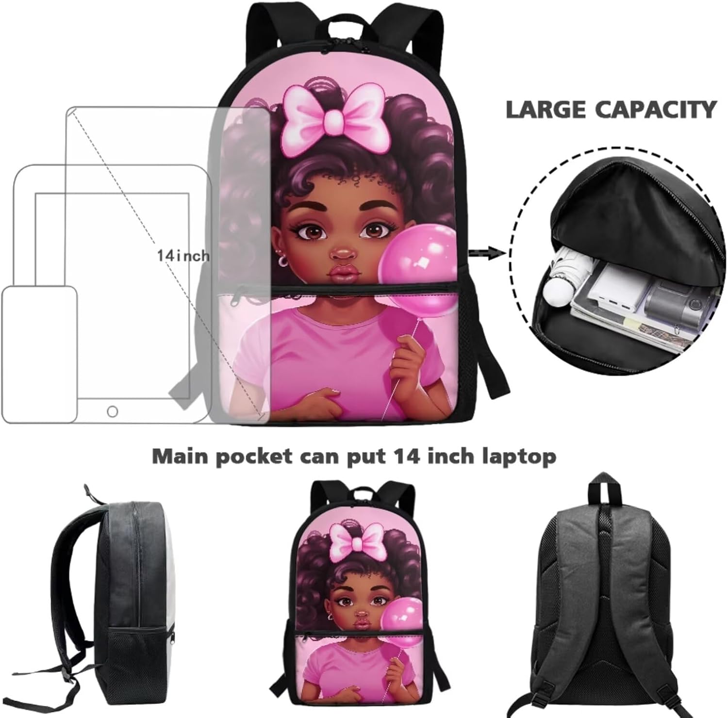 4 Pcs African American Girl Pink Bubble School Backpack Set Bookbag Schoolbag Pencil Box Lunch Bag with Thermal Insulated Protective Water Bottle Cover for Little Kids Girls Teens