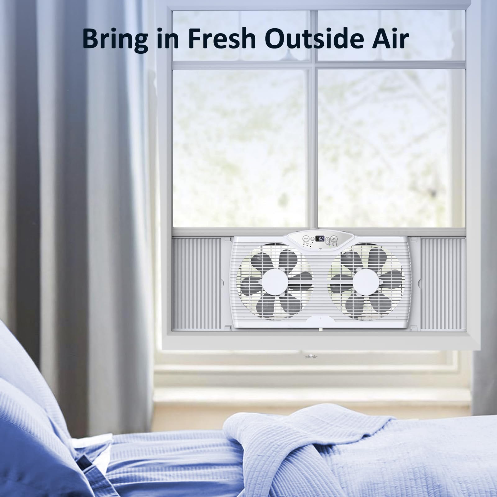 shinic Doppel-Fensterventilator mit Fernbedienung, 22,9 cm, umkehrbarer Luftstrom, Thermostatsteuerung, 3 Geschwindigkeiten, 3 Funktionen, erweiterbare Breite von 60 cm bis 94 cm