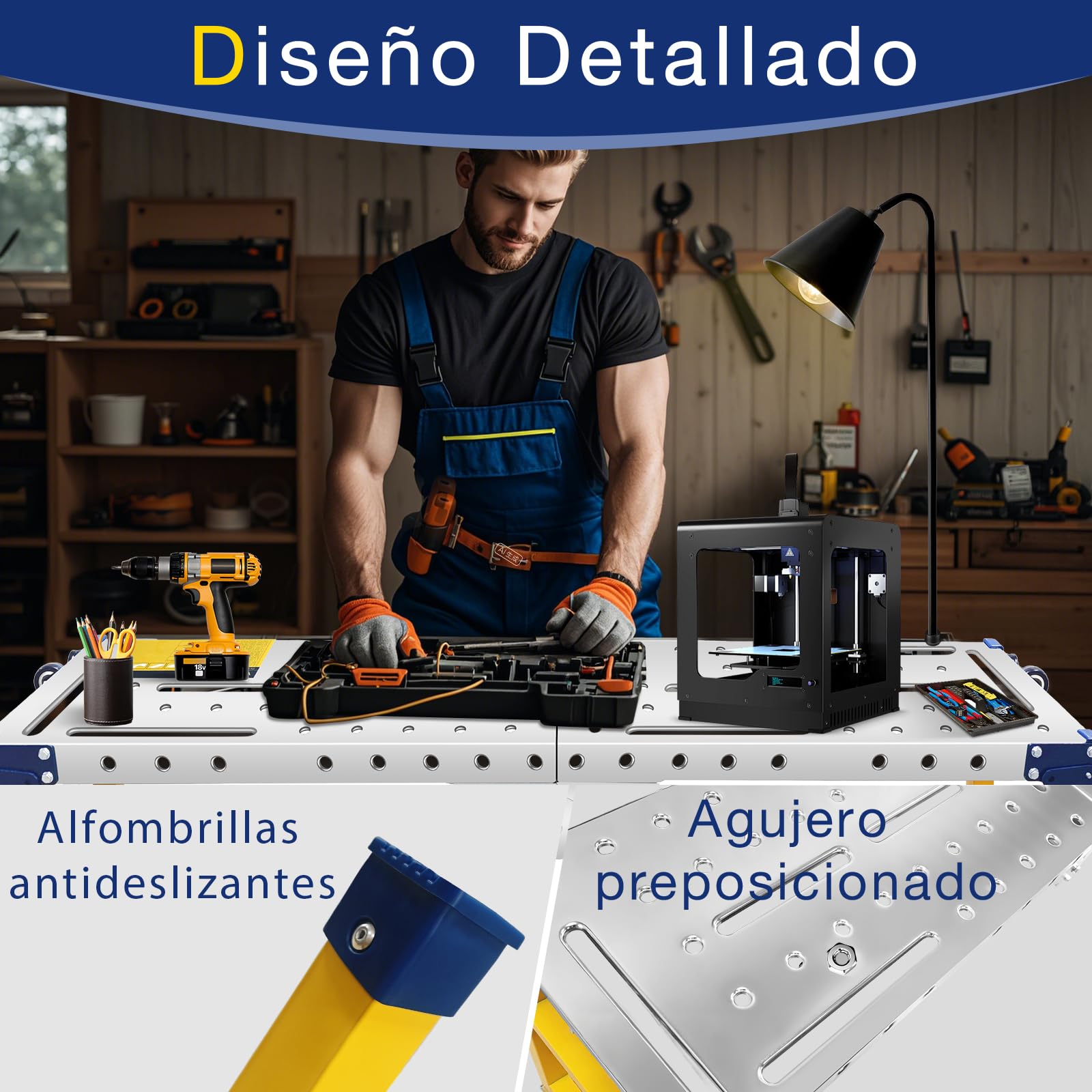 VKE Plataforma de Trabajo 140 × 36 × 110 CM de Chapa Galvanizada, 500 KG de Capacidad de Carga, Andamio Portátil, Escalera Andamio Plegable con 4 Ruedas Universales, Regulable en Altura