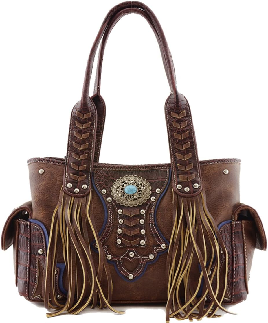 Western Style Concealed Carry Country Fringe Purse Handbag Shoulder Bag Wallet Set Brown