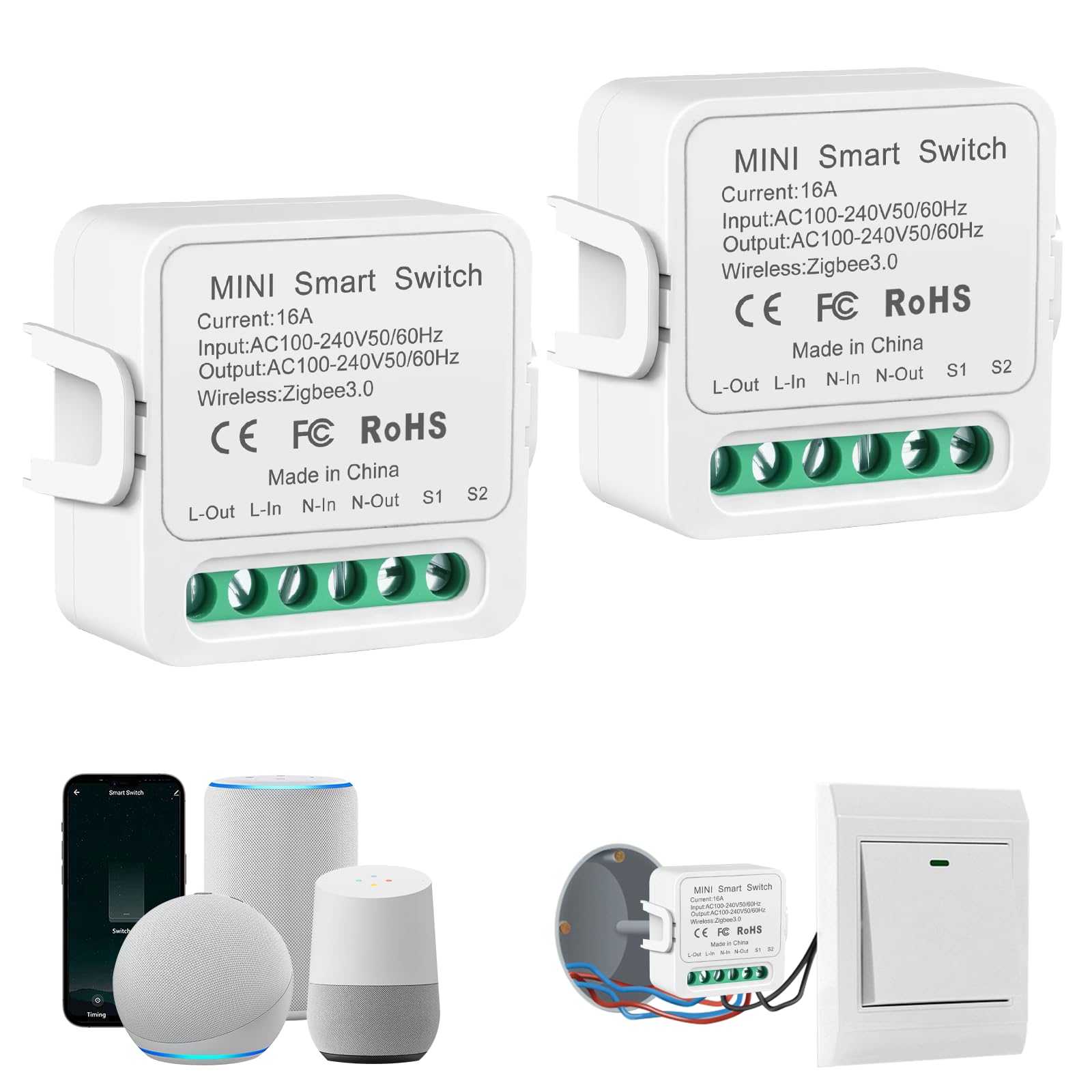 Zigbee Smart Switch, ZigBee Mini Smart Switch 16A, Smart Switches Compatible with Smart Life, Tuya app, Alexa, Neutral Wire Required,100V-240V