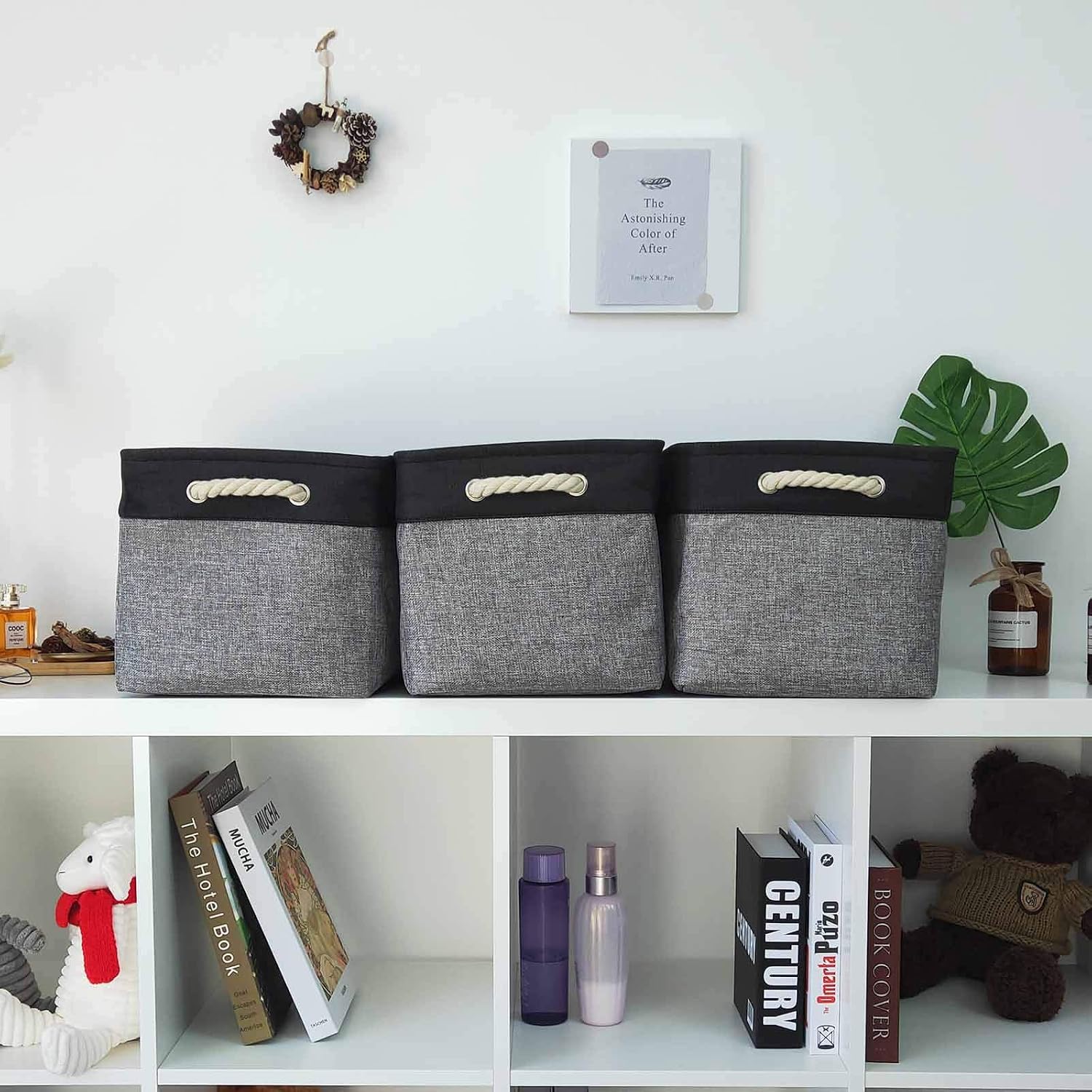 Storage Baskets Large Fabric Baskets [3-Pack] Sturdy Storage Bins with Handles, Baskets for Organizing Toys, Portable Baskets for Shelves, Shelf Baskets for Nursery Storage (15Lx10Wx9H-Black&Gray)