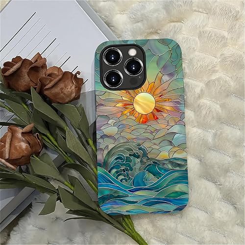 Miniatura 5 de DAIZAG Funda compatible con iPhone 15 Pro Max, diseño de rayas de sol con diseño de olas de océano, patrón completo de plástico suave TPU