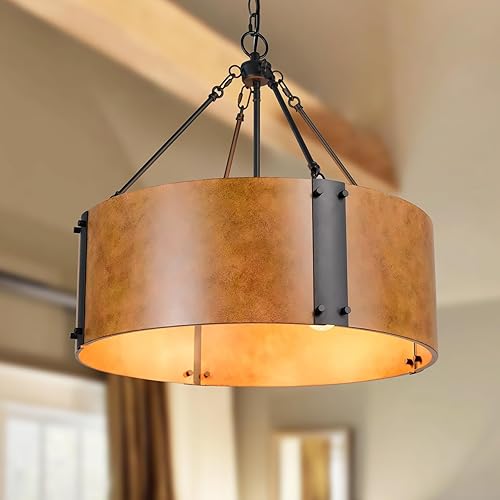 Miniatura 10 de Candelabro industrial, pantalla de tambor de bronce rústico de 3 luces, accesorio de iluminación colgante de granja con detalles de metal