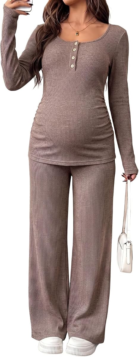 BLENCOT Ropa de maternidad Conjuntos de manga larga acanalados Trajes de 2 piezas con botones | Pijamas De Punto Cómodos Informales De Otoño, Conjunto De Ropa De Embarazo A Juego con Bolsillos, Trabajo De Oficina Enfermería Posparto