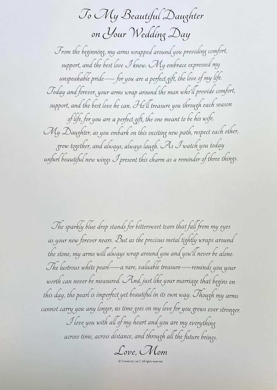 Wedding Gift for Daughter, Something Blue Charm and Poem from Mom