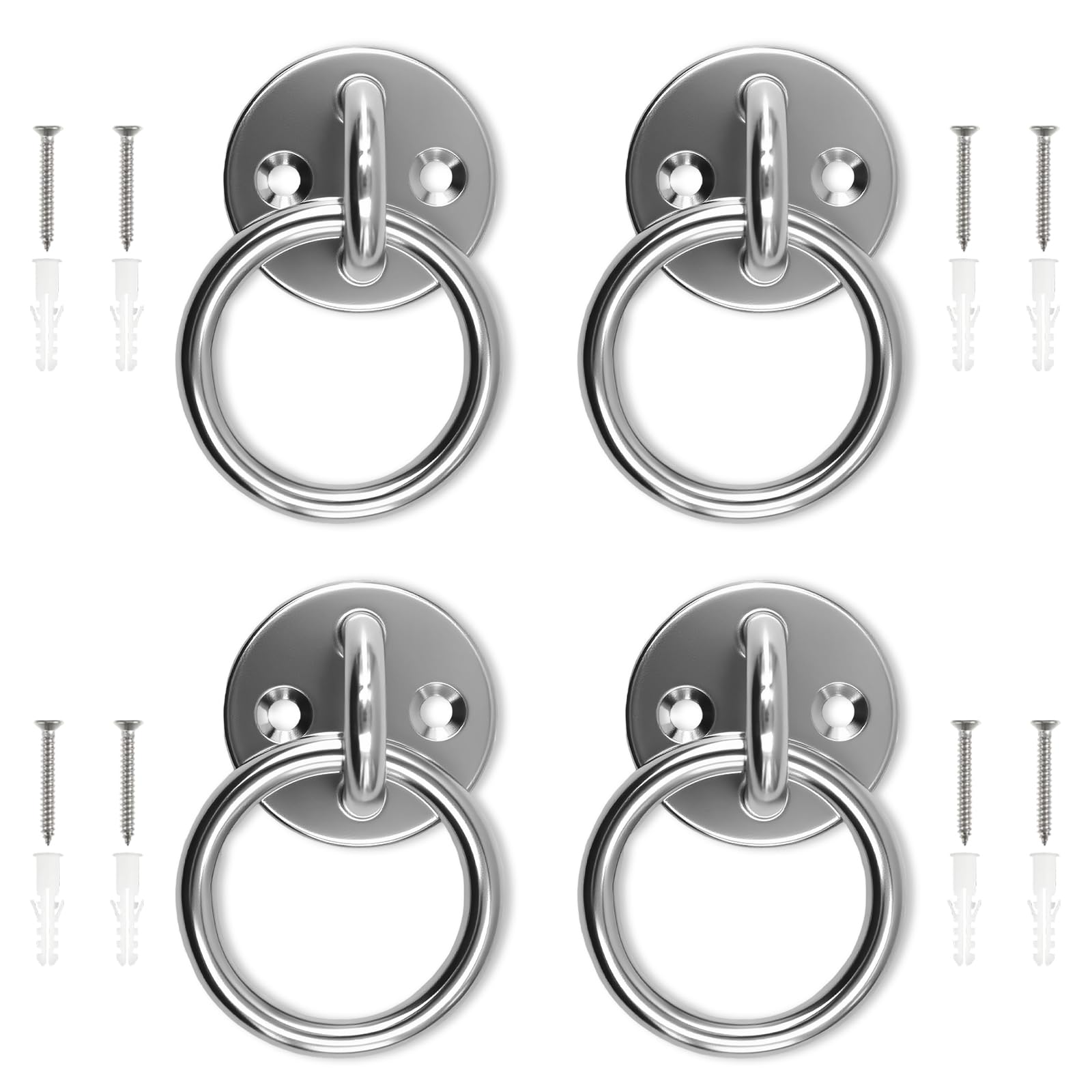 FINELYCR Pack of 4 Eye Plates with Eyelet, Stainless Steel 304 Tie Ring, Eyelet Plate Metal Ring Thickness 8 mm, Round Eye Plate with Ring for Stables, Yoga Studios and Gyms