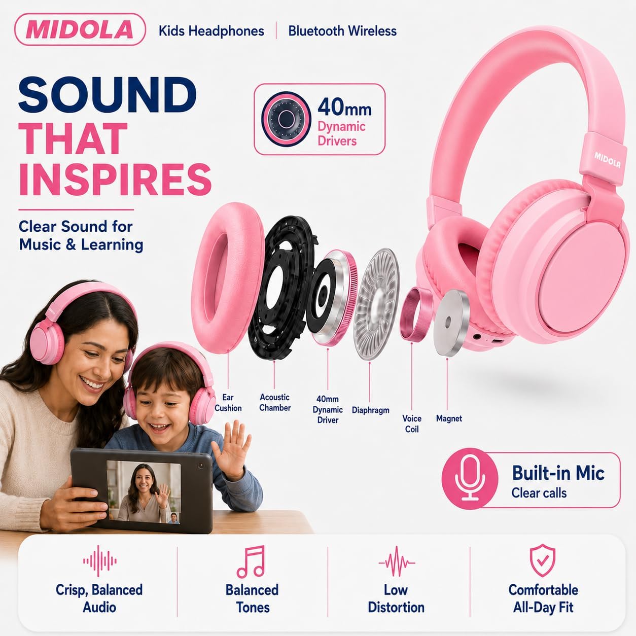 MIDOLA Kids Headphones Wireless Bluetooth 5.4 68H Play Time Volume Limit 85/94dB Over-Ear Foldable Headset,Type-C Fast Charging,with Wired Aux Mic for Toddler Boy Girl Pad Tablet Pink