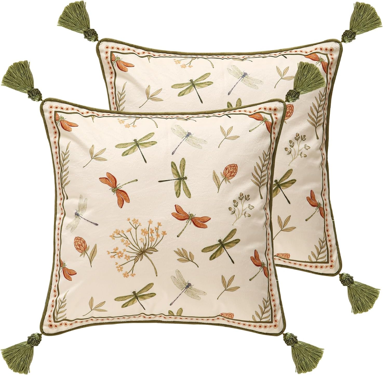 ISAENNE Design Square Vintage Cottage Throw Pillow Covers 18"x18" Set of 2, Green Velvet Cushion Cover with Dragonflies and Flowers Pattern Decor Pillowcases for Bed,Living Room,Outdoor,Car