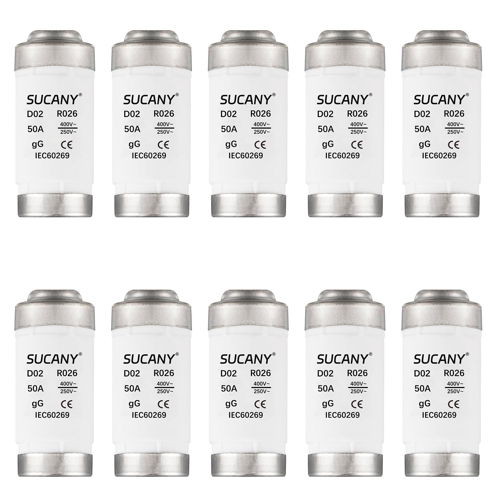 SUCANY Keramische Neozed-Sicherungseinsätze,D02 50A gL/gG 400VAC E18 D0-Typ Sicherungseinsatz,für Kabel und Leitungsschutz (10 Stück).