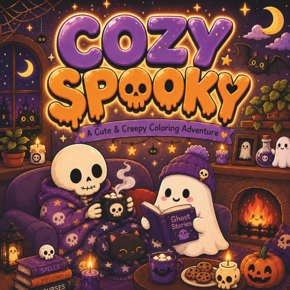 Cozy Spooky Coloring Book: Cute Creepy Creatures and Cozy Hygge Scenes for Adults and Teens Relaxation
