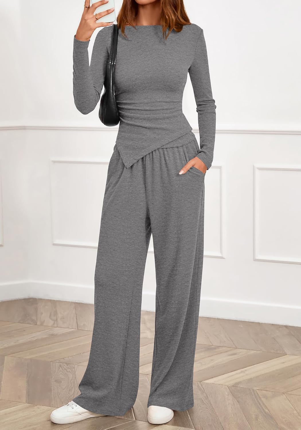 BTFBM Two Piece Sets For Women Fall 2025 Airport Outfits Asymmetrical Boat Neck Tops Wide Leg Pants Matching Lounge Set - Image 6