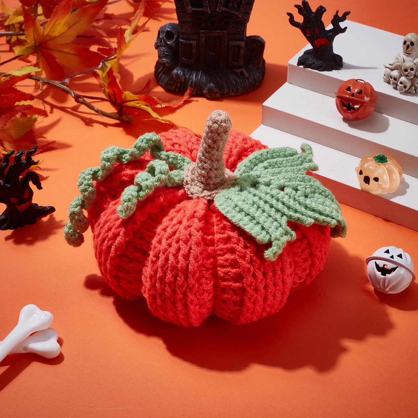 ORIGACH 3 Set Halloween Pumpkins Crochet Kit for Beginners, Complete Crochet Starter Kit with Step-by-Step Video Tutorial, Yarn & Tools for Halloween Decor Gifts